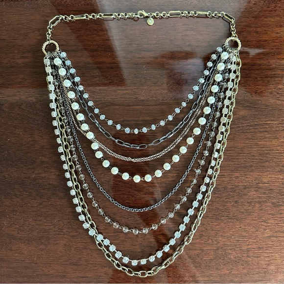 Multi-Strand Silver Necklace Mixed Materials Pearls Chains - Picture 1 of 3
